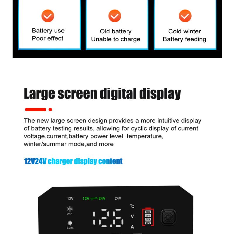 FOXSUR-cargador de batería portátil para coche, 20A, 12V-24V, motocicleta, camión, AGM, LiFePO4, baterías de plomo ácido, mantenimiento de reparación automática