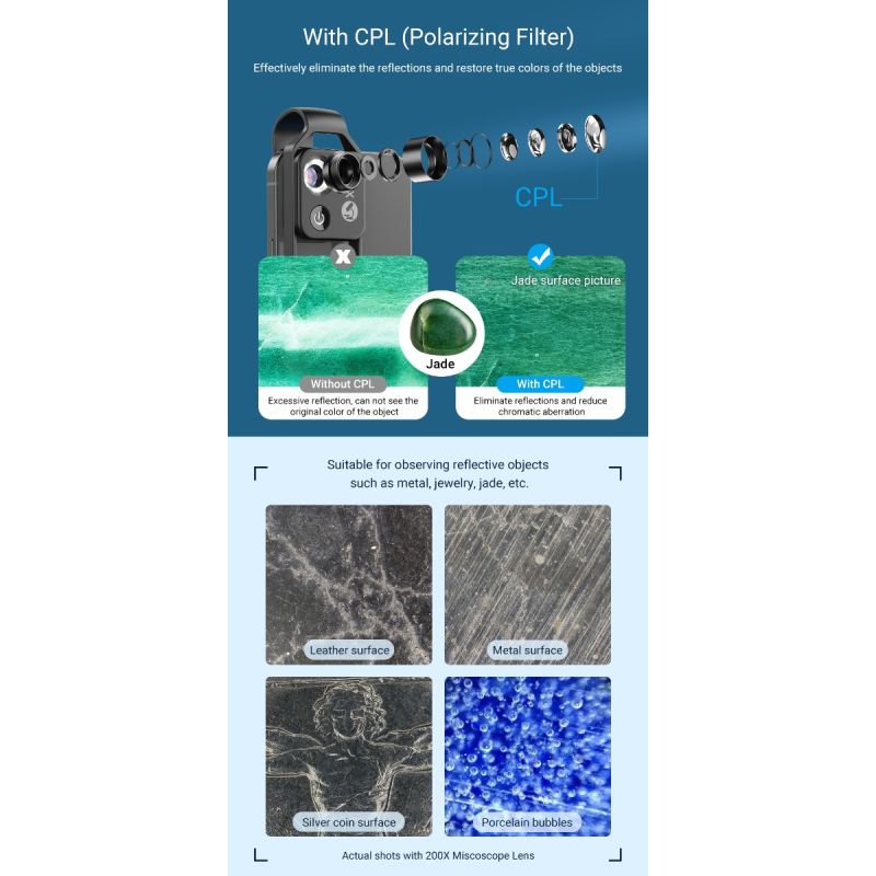 Lente de microscopio de aumento APEXEL 200X con lentes macro de microbolsillo de luz LED móvil CPL para iPhone Samsung todos los teléfonos inteligentes
