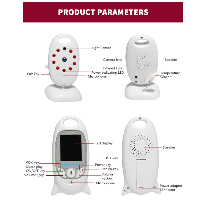 VB601 2.4G Video inalámbrico Monitor de bebé de 2,0 pulgadas Cámara de seguridad de color 2 vías Talk Nightvision IR LED Monitoreo de temperatura con 8 canciones de lullaby