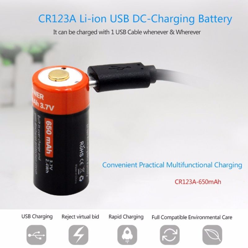 16340 650mAh 3.7v Micro USB recargable recargable batería de ion