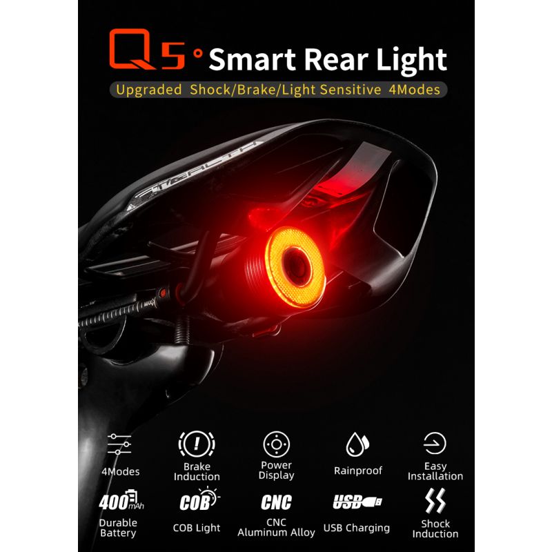 ROCKBROS Q5 Bicicleta Inteligente Auto Freno Detección Luz IPx6 Impermeable LED Carga Ciclismo Luz trasera Bicicleta Luz trasera