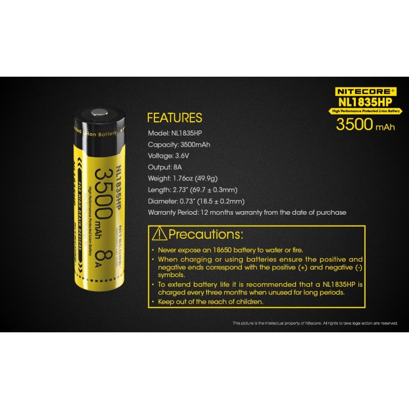 Nitecore NL1835HP 3500mAh 3.6V 12.6WH 8A Batería de alto rendimiento 18650