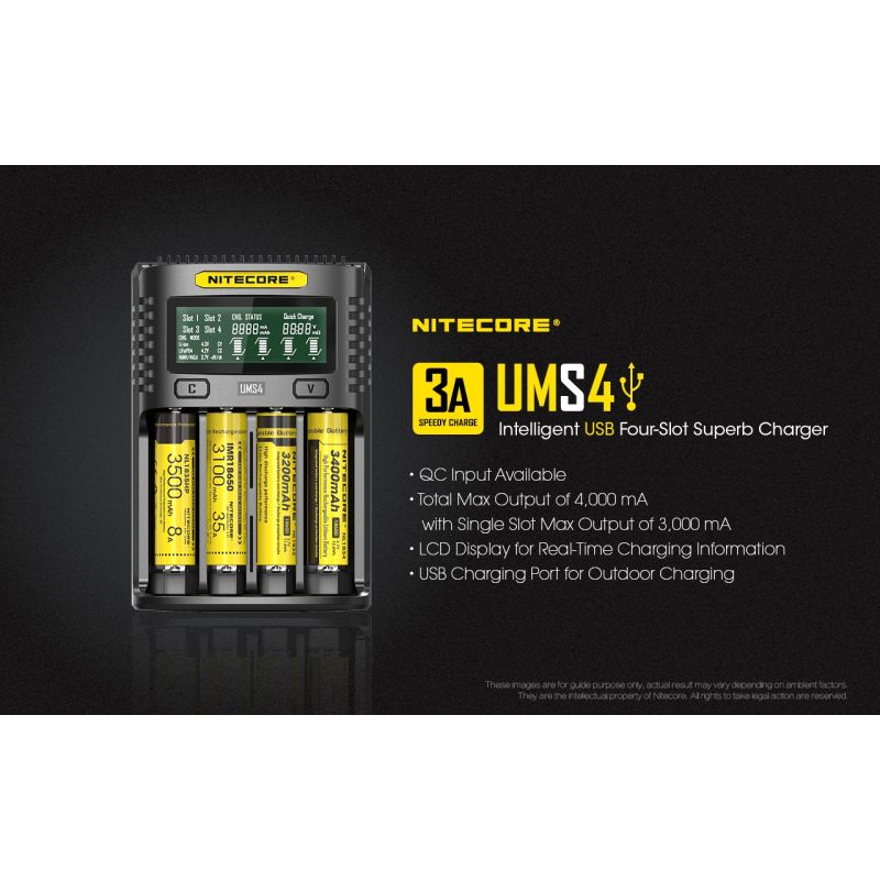 Nitecore UMS4 Intelligent USB Four-Slot Superd Charger para 18650/21700/26650/20700/18350/15340 (RCR123) / 14500/10440 baterías