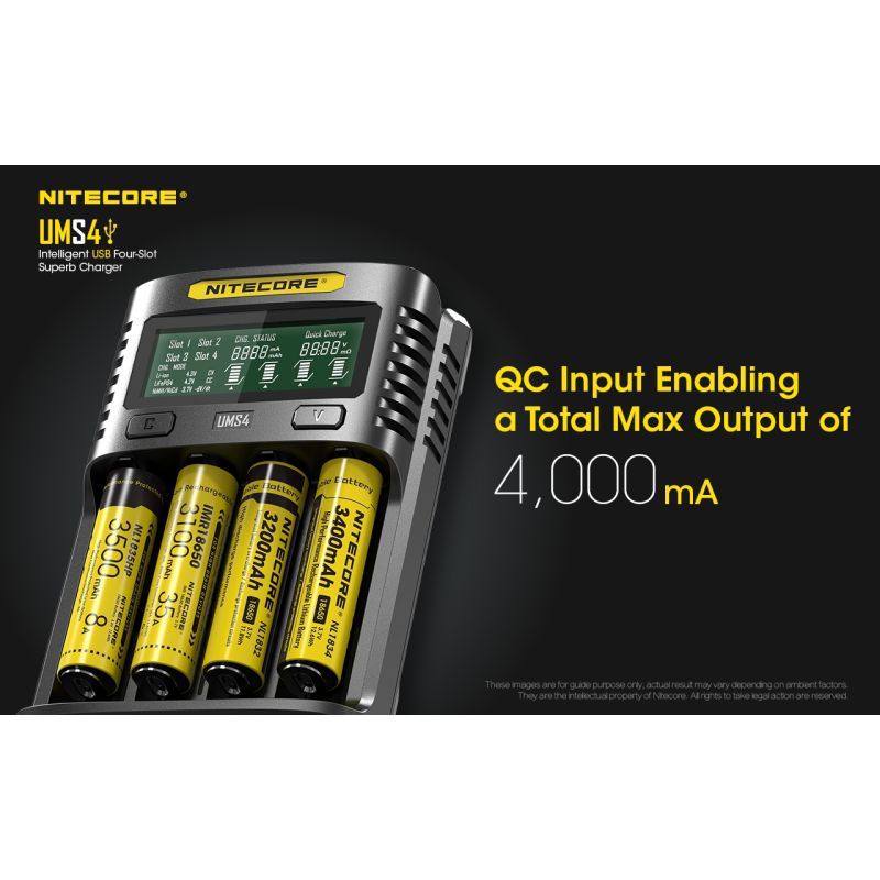 Nitecore UMS4 Intelligent USB Four-Slot Superd Charger para 18650/21700/26650/20700/18350/15340 (RCR123) / 14500/10440 baterías