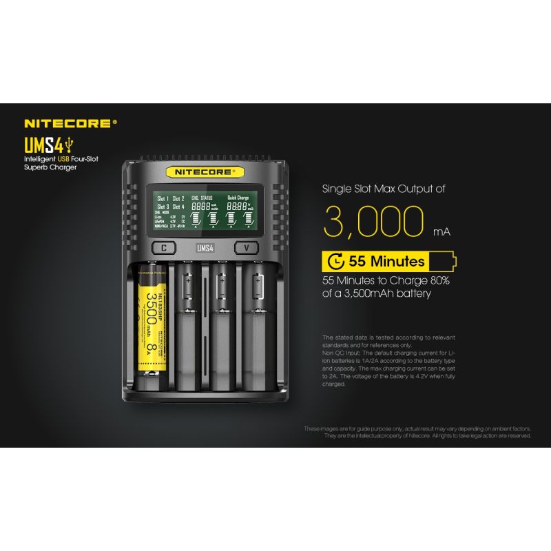 Nitecore UMS4 Intelligent USB Four-Slot Superd Charger para 18650/21700/26650/20700/18350/15340 (RCR123) / 14500/10440 baterías