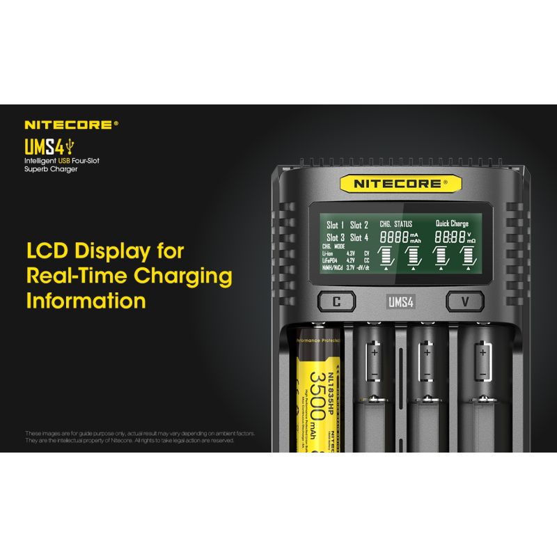 Nitecore UMS4 Intelligent USB Four-Slot Superd Charger para 18650/21700/26650/20700/18350/15340 (RCR123) / 14500/10440 baterías
