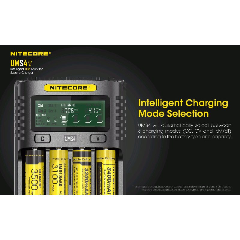 Nitecore UMS4 Intelligent USB Four-Slot Superd Charger para 18650/21700/26650/20700/18350/15340 (RCR123) / 14500/10440 baterías