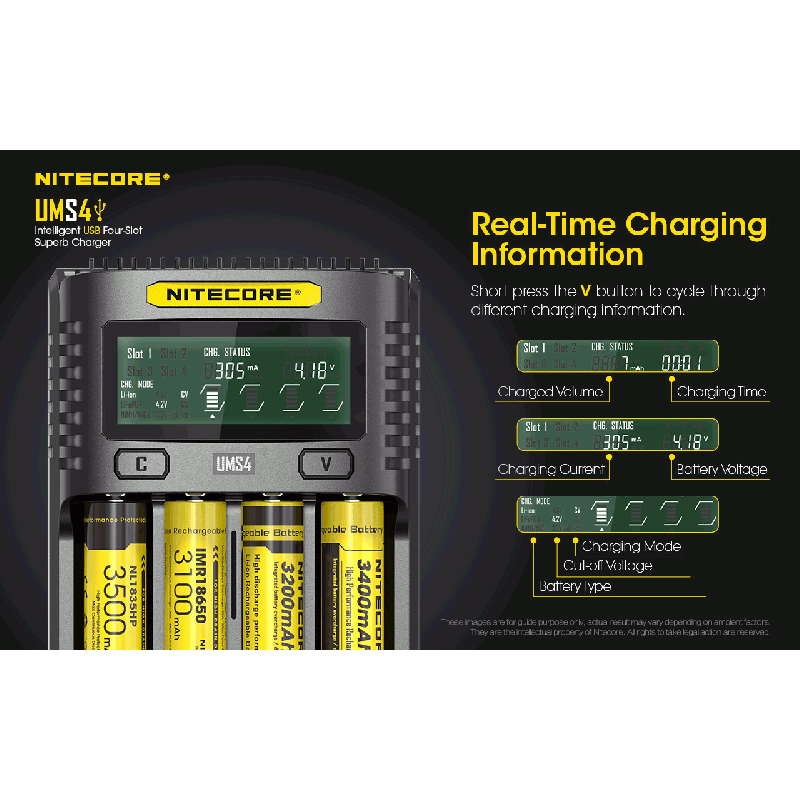 Nitecore UMS4 Intelligent USB Four-Slot Superd Charger para 18650/21700/26650/20700/18350/15340 (RCR123) / 14500/10440 baterías