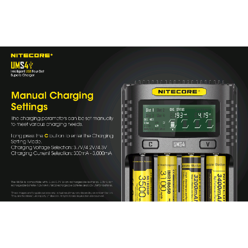 Nitecore UMS4 Intelligent USB Four-Slot Superd Charger para 18650/21700/26650/20700/18350/15340 (RCR123) / 14500/10440 baterías