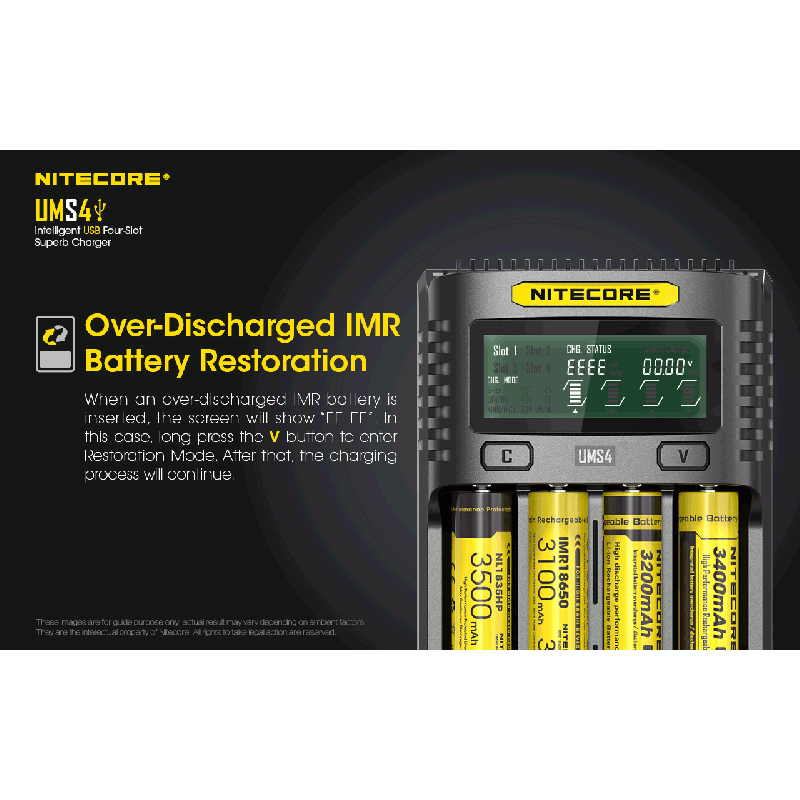 Nitecore UMS4 Intelligent USB Four-Slot Superd Charger para 18650/21700/26650/20700/18350/15340 (RCR123) / 14500/10440 baterías