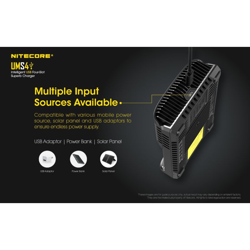 Nitecore UMS4 Intelligent USB Four-Slot Superd Charger para 18650/21700/26650/20700/18350/15340 (RCR123) / 14500/10440 baterías