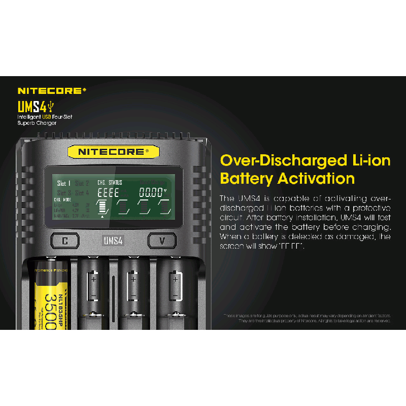 Nitecore UMS4 Intelligent USB Four-Slot Superd Charger para 18650/21700/26650/20700/18350/15340 (RCR123) / 14500/10440 baterías