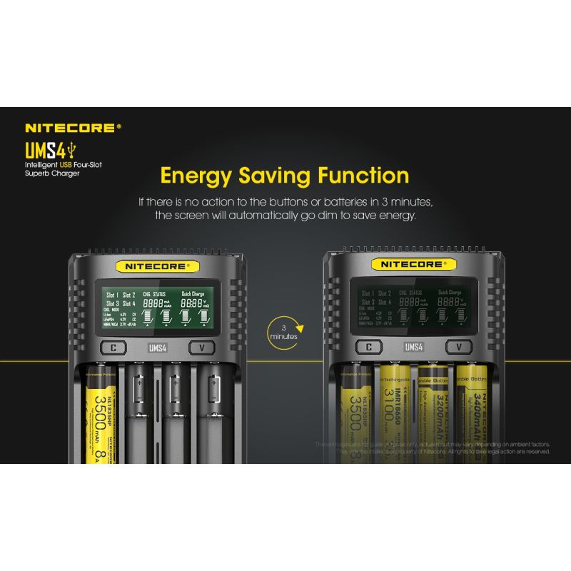 Nitecore UMS4 Intelligent USB Four-Slot Superd Charger para 18650/21700/26650/20700/18350/15340 (RCR123) / 14500/10440 baterías
