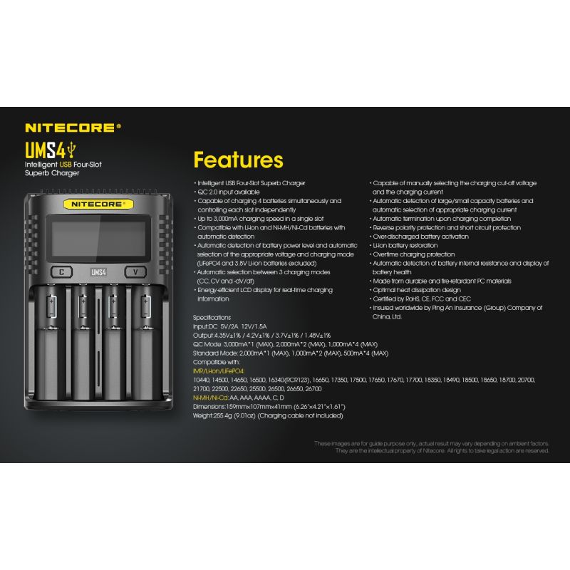 Nitecore UMS4 Intelligent USB Four-Slot Superd Charger para 18650/21700/26650/20700/18350/15340 (RCR123) / 14500/10440 baterías
