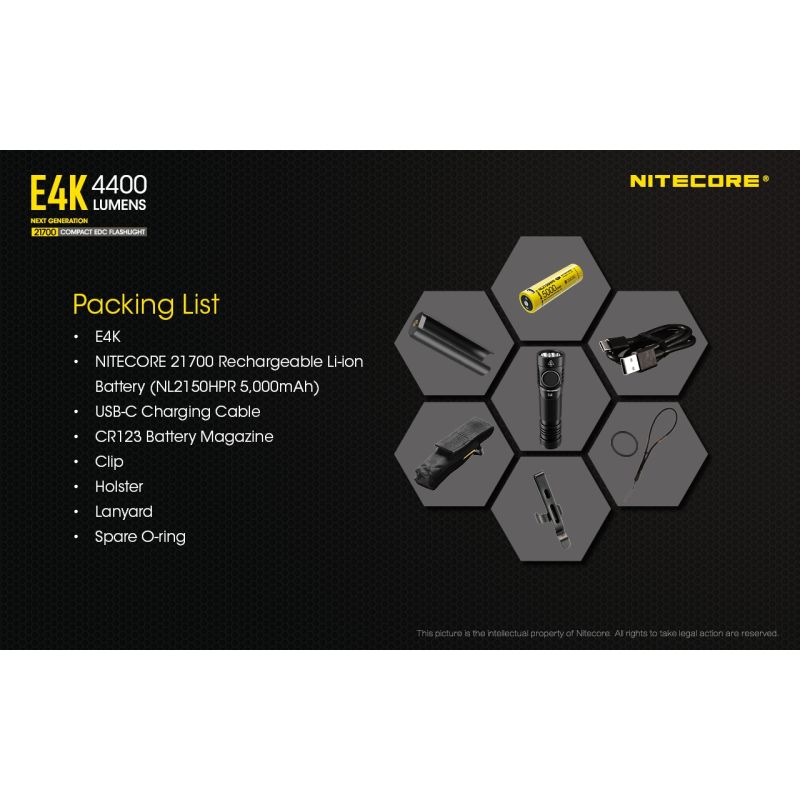 Nitecore E4K 4 x XP-L2 V6 LED 4400 Lumenses 21700 Linterna de la batería