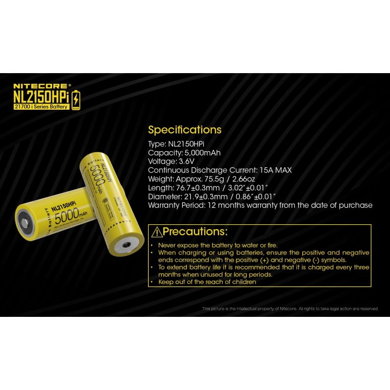 Nitecore NL2150HPI 5000mAh 3.6V 18WH 21700 Batería recargable de iones de litio