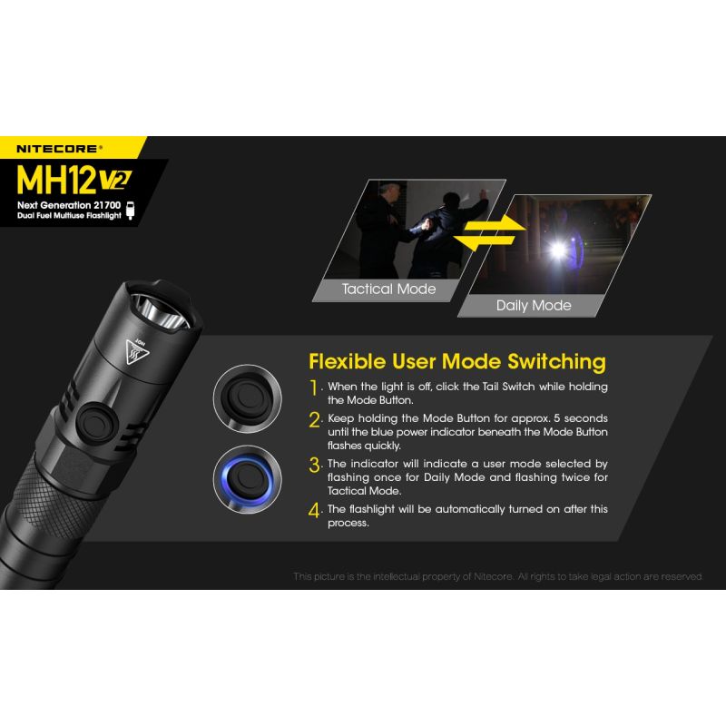 Nitecore MH12 V2 XP-L2 V6 LED 1200 Lumenses 21700 Linterna de la batería