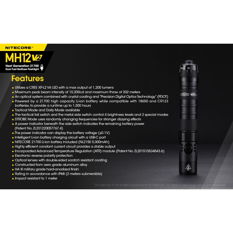 Nitecore MH12 V2 XP-L2 V6 LED 1200 Lumenses 21700 Linterna de la batería