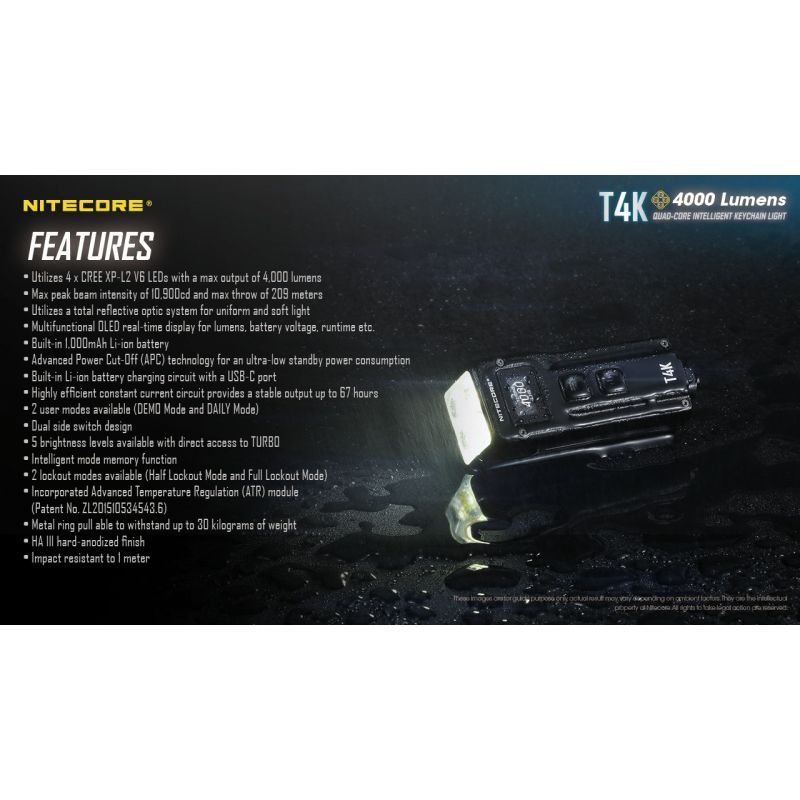Nitecore T4K 4 x xp-l2 v6 leds 4000 lúmenes batería incorporada usando la linterna de llavero portátil de carga USB-C