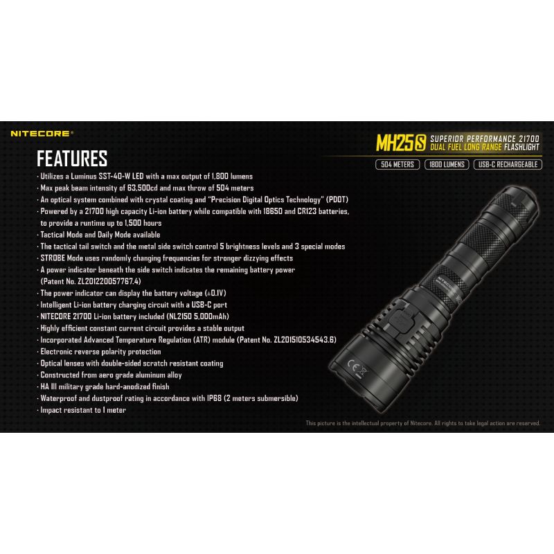 Nitecore MH25S Luminus SST-40 1800 LUMEN USB-C Linterna recargable