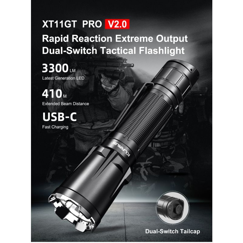Klarus XT11GT PRO V2.0 Luminus SST-70 3300LM 410M USB-C Linterna recargable rápida