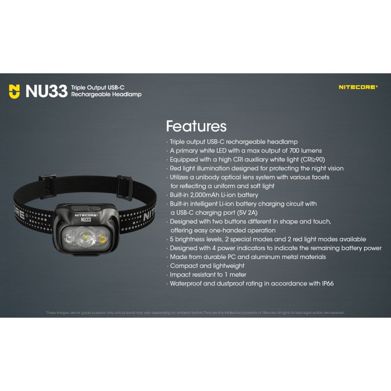 Nitecore NU33 USB-C linterna frontal recargable 700LM alto CRI LED linterna impermeable al aire libre