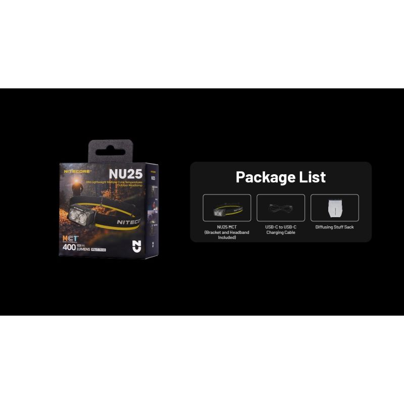 NITECORE NU25 UL 400 lúmenes LED USB-C carga linterna frontal recargable