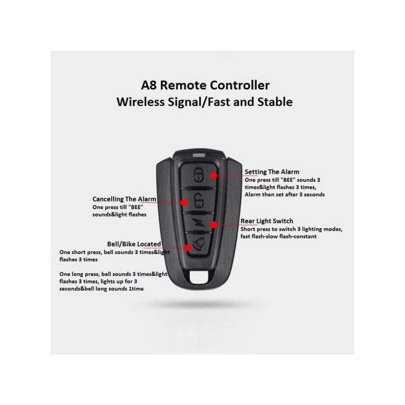 ANTUSI A8 Bicicleta de carretera Bloqueo de alarma antirrobo Freno automático Luz trasera de ciclismo Control remoto Luz trasera de bicicleta MTB Timbre inalámbrico