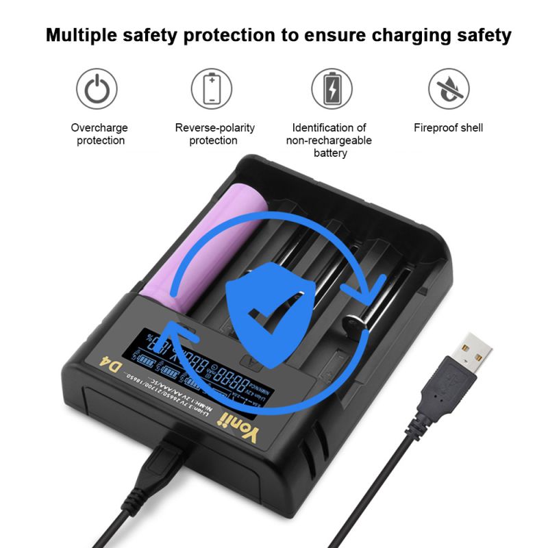 YONII D4 LCD 4 Slot 18650 Cargador de batería para 18650 21700 26650 Batería de litio AA AAA Ni-mh