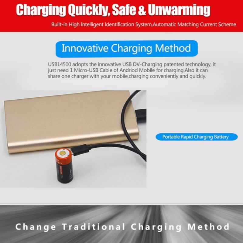 16340 650mAh 3.7v Micro USB recargable recargable batería de ion