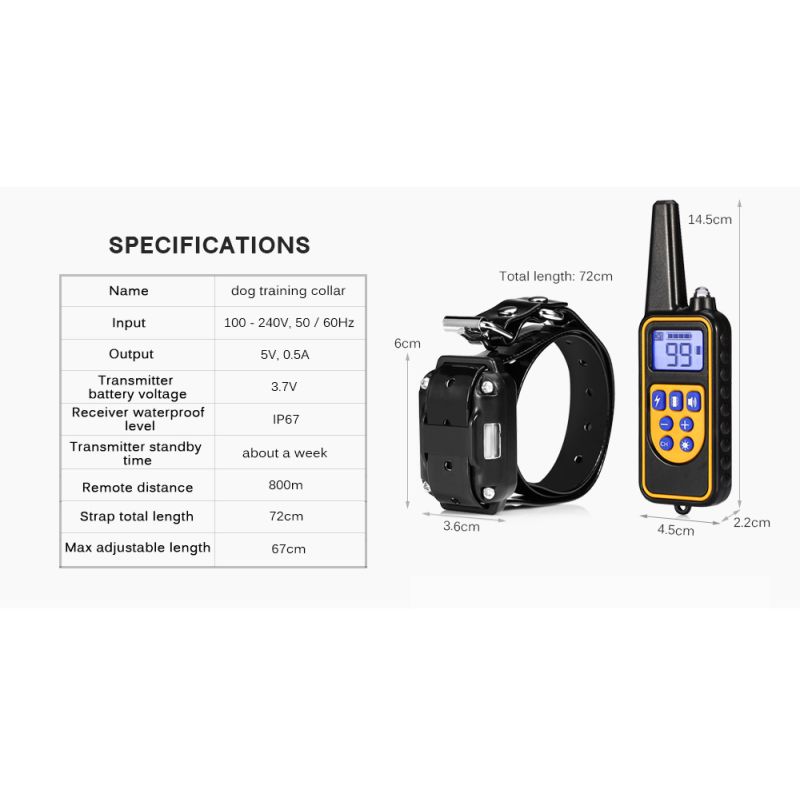 800m Electric Dog Collan Colllar PET control remoto impermeable recargable con pantalla LCD para todos los collares de tope de corteza