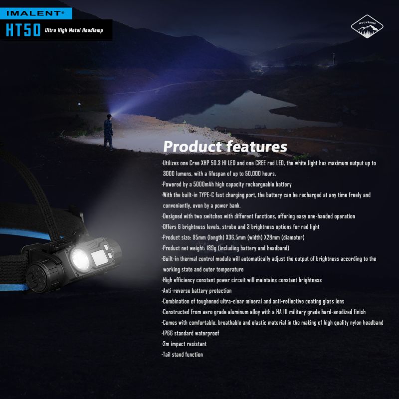 Linterna frontal con dos fuentes de luz LED IMALENT HT50