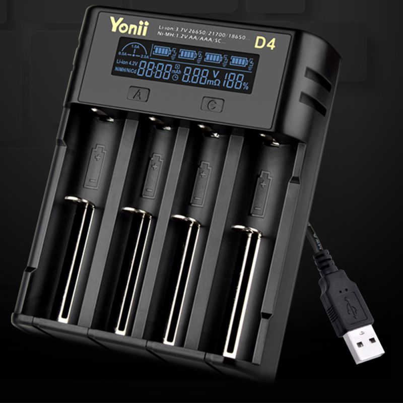 YONII D4 LCD 4 Slot 18650 Cargador de batería para 18650 21700 26650 Batería de litio AA AAA Ni-mh