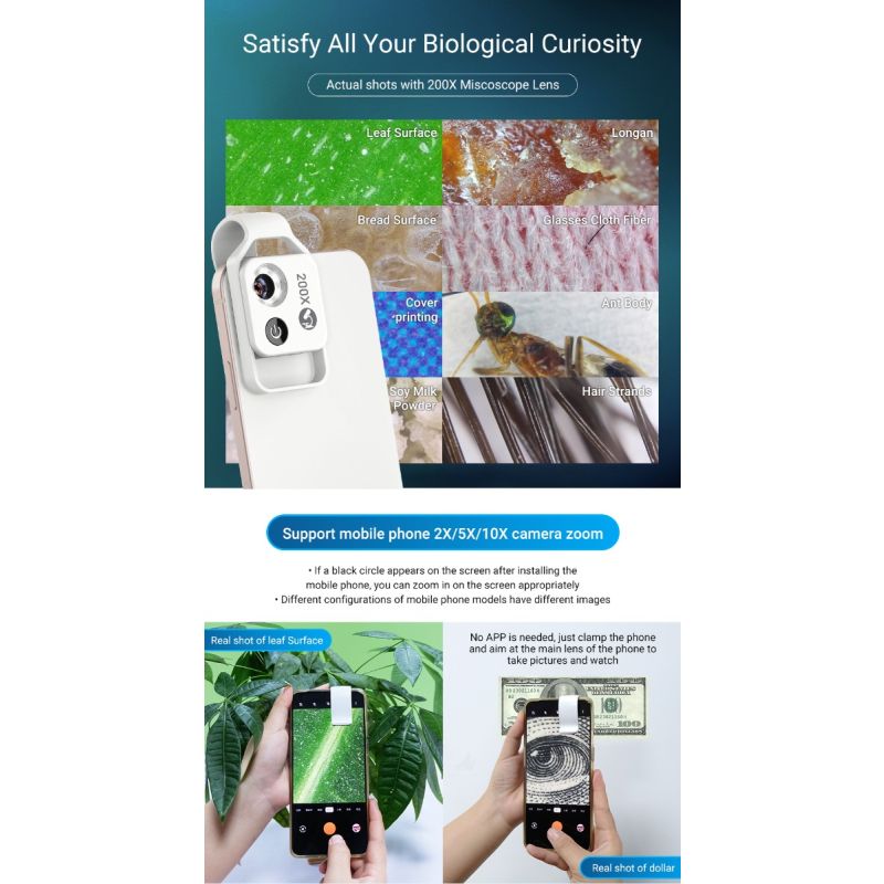 Lente de microscopio de aumento APEXEL 200X con lentes macro de microbolsillo de luz LED móvil CPL para iPhone Samsung todos los teléfonos inteligentes