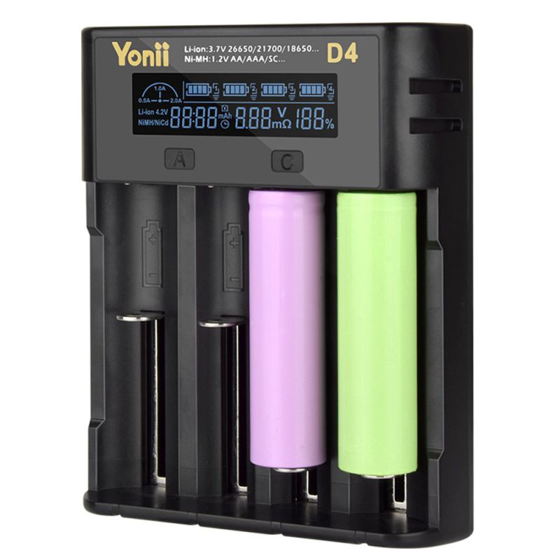 YONII D4 LCD 4 Slot 18650 Cargador de batería para 18650 21700 26650 Batería de litio AA AAA Ni-mh