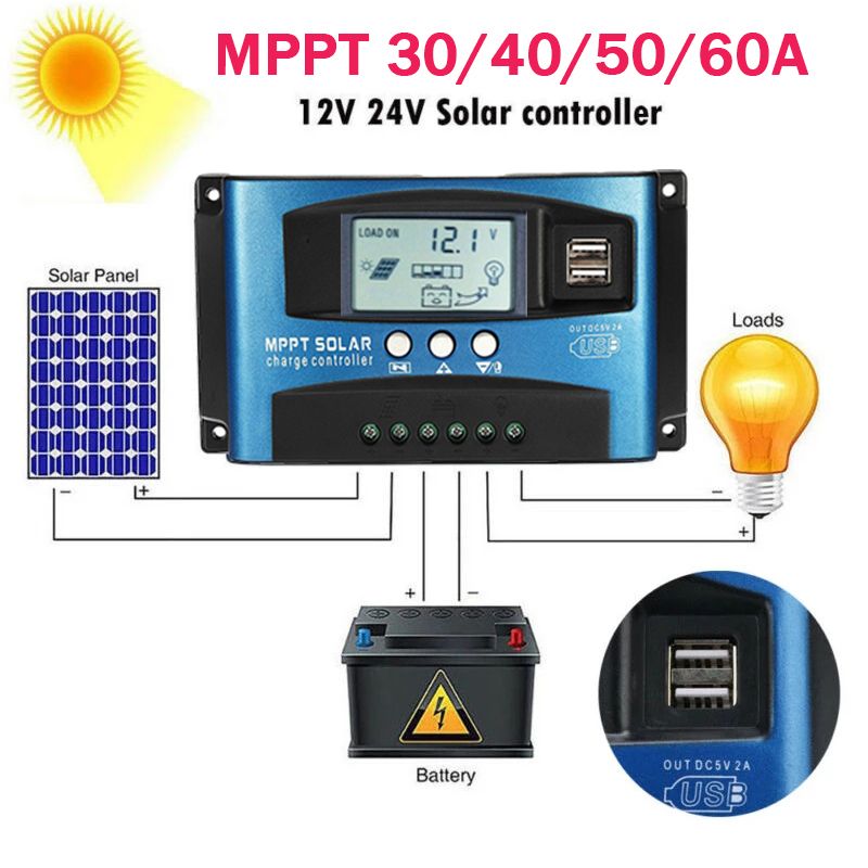 Controlador de carga solar MPPT 30/40/50/60/100A Controlador solar Panel solar Regulador de batería Dual USB 5V Pantalla LCD