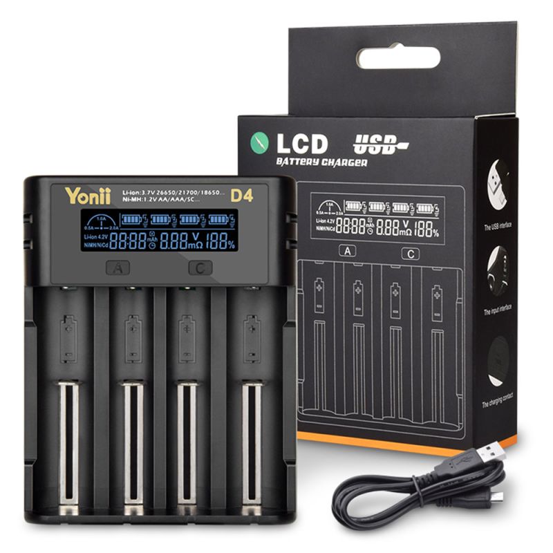 YONII D4 LCD 4 Slot 18650 Cargador de batería para 18650 21700 26650 Batería de litio AA AAA Ni-mh