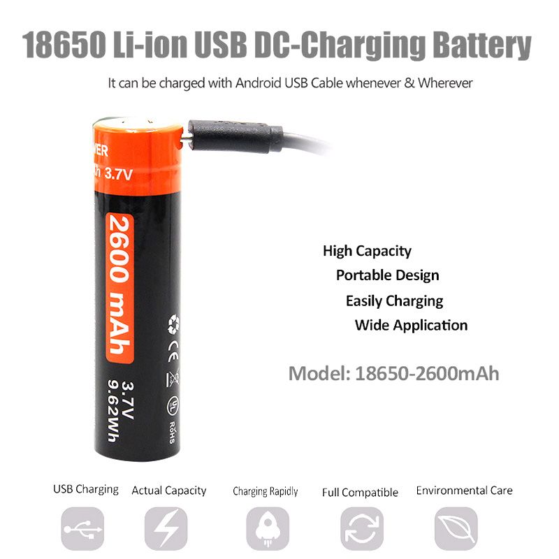 18650 2600mAh 3.7v Micro USB recargable recargable batería de ion