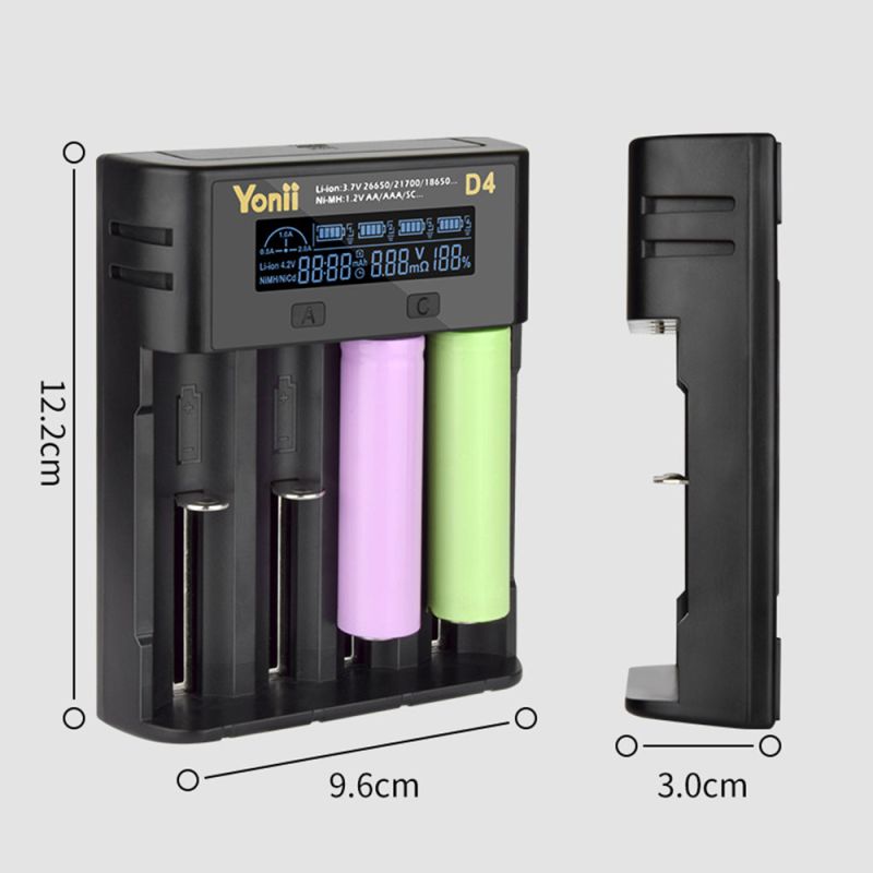 YONII D4 LCD 4 Slot 18650 Cargador de batería para 18650 21700 26650 Batería de litio AA AAA Ni-mh