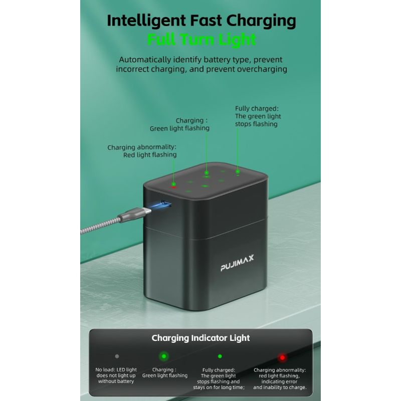 Cargador de batería de litio AA de 3400 mWh con compartimento de carga inteligente con tapa abatible de 8 ranuras y puerto tipo C