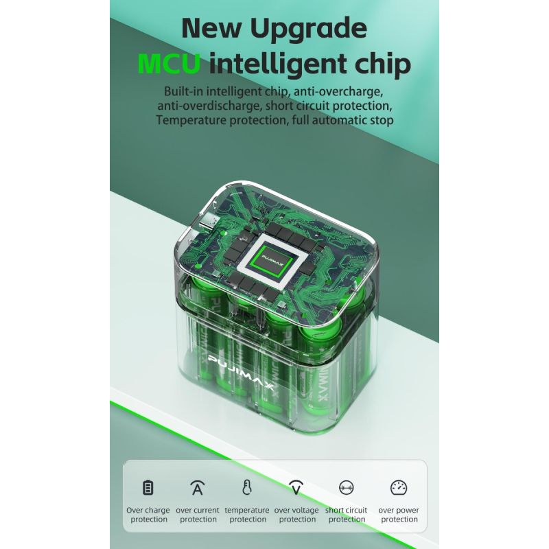 Cargador de batería de litio AA de 3400 mWh con compartimento de carga inteligente con tapa abatible de 8 ranuras y puerto tipo C