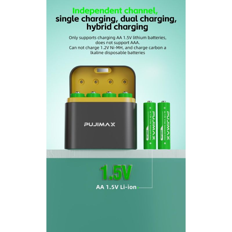 Cargador de batería de litio AA de 3400 mWh con compartimento de carga inteligente con tapa abatible de 8 ranuras y puerto tipo C
