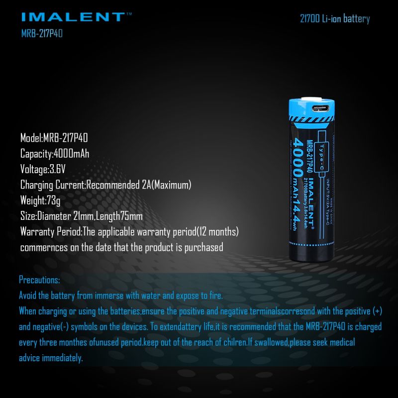 Imalent MRB-217P40 21700 4000mAh 3.6V Tipo-C batería recargable