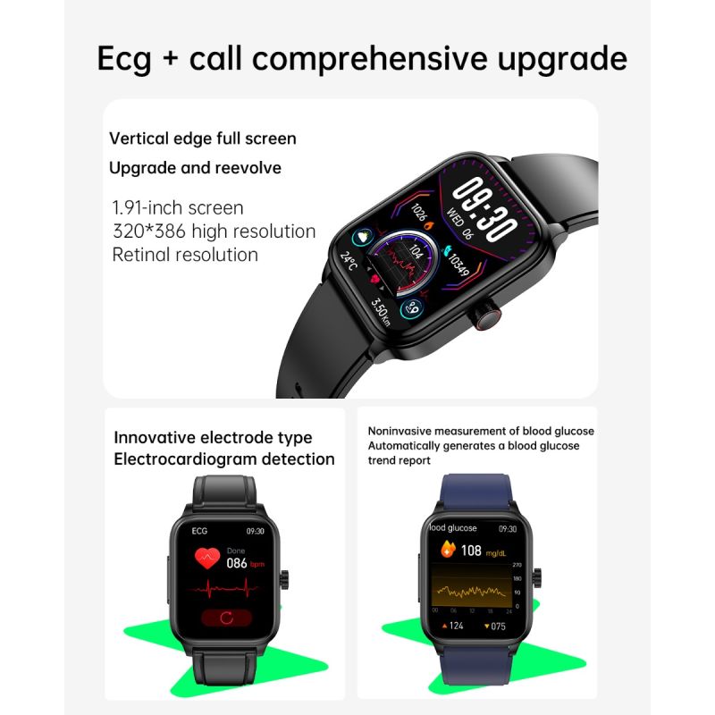 ET540 Glucosa en sangre ECG Temperatura corporal Presión arterial Oxígeno en sangre Frecuencia cardíaca Llamada Bluetooth Smartwatch Fitness Tracker