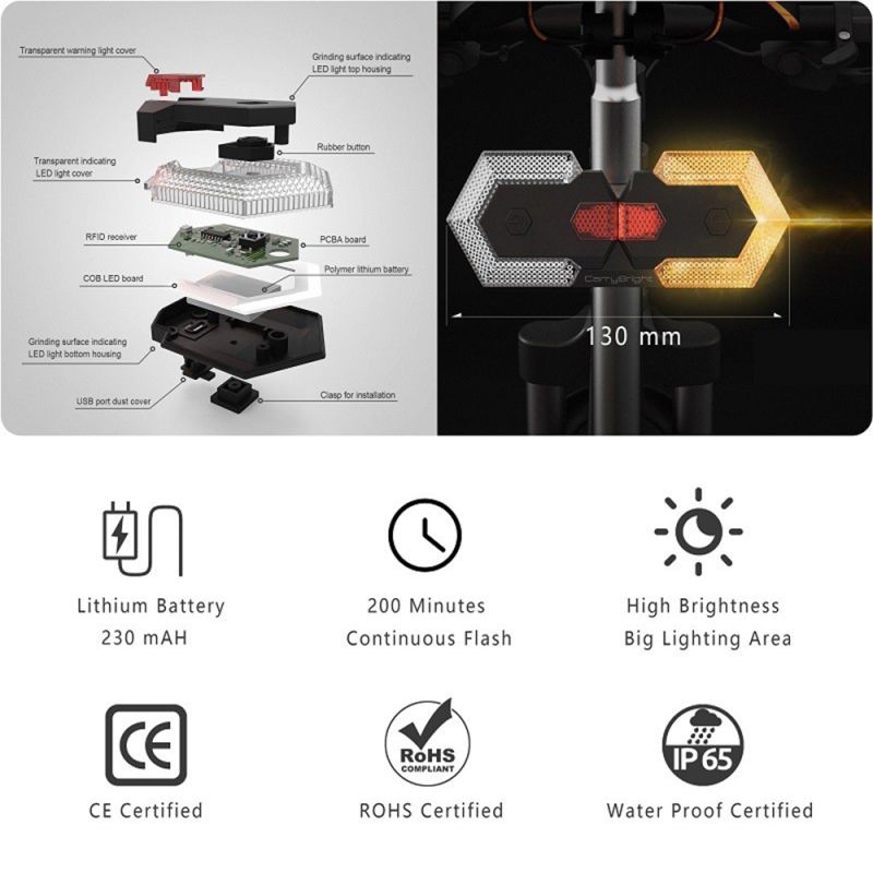 CarryBright CBX4 Luz de señal de giro de bicicleta con bocina Luz trasera delantera de bicicleta impermeable Luz de advertencia de seguridad Control remoto inalámbrico inteligente