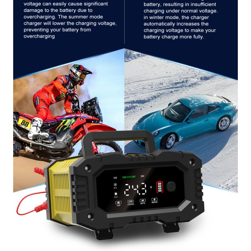 FOXSUR-cargador de batería portátil para coche, 12V/24V, motocicleta, camión, AGM, LiFePO4, baterías de plomo ácido, mantenimiento de reparación automática