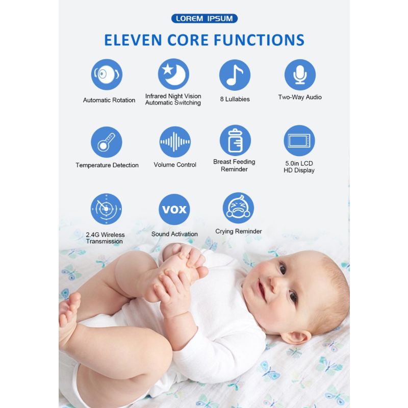 ABM501 Monitor de vídeo para bebé 2,4G inalámbrico con pantalla LCD de 5,0 pulgadas Audio bidireccional conversación visión nocturna vigilancia cámara de seguridad niñera