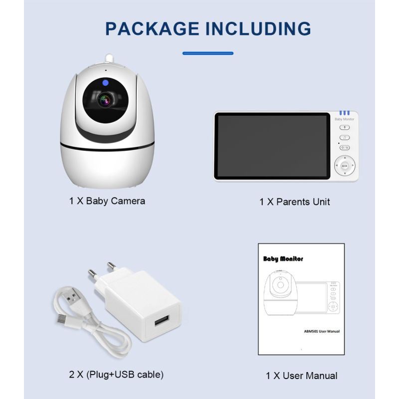 ABM501 Monitor de vídeo para bebé 2,4G inalámbrico con pantalla LCD de 5,0 pulgadas Audio bidireccional conversación visión nocturna vigilancia cámara de seguridad niñera
