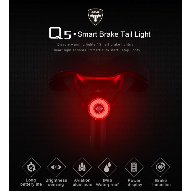 Luz trasera de bicicleta inteligente ANTUSI Q5, luz trasera de bicicleta, luz trasera de arranque/parada automática, detección de freno IPx6, luz trasera LED resistente al agua para ciclismo