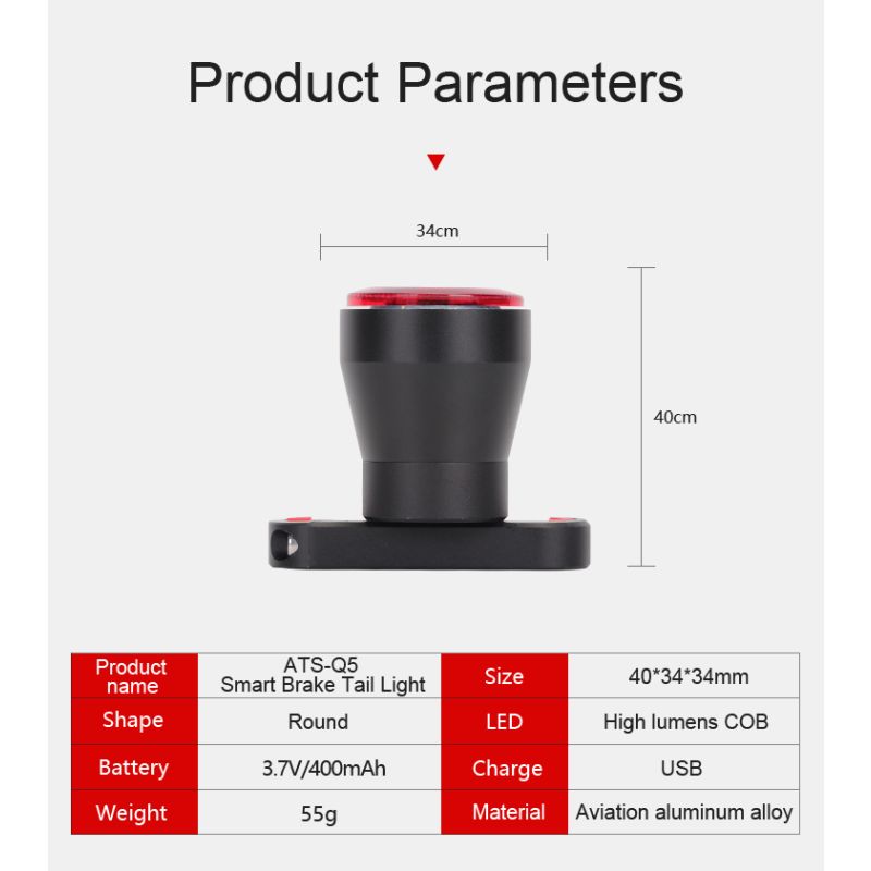Luz trasera de bicicleta inteligente ANTUSI Q5, luz trasera de bicicleta, luz trasera de arranque/parada automática, detección de freno IPx6, luz trasera LED resistente al agua para ciclismo